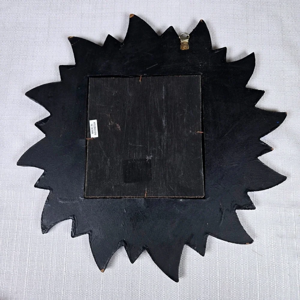 Vintage Celestial Sun Moon Wall Mirror Hand Painted Blue Gold Wood Indonesia 12